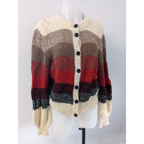 Munthe Size 40 Medium Nippa Striped Cardigan Red Tan Waffle Knit Wool Alpaca - Picture 4 of 12